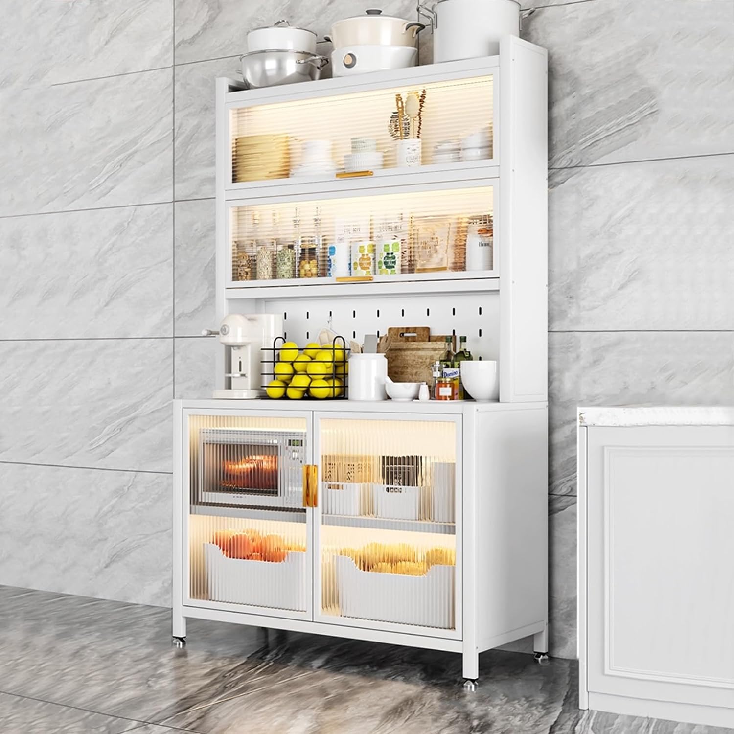 Kitchen Floor Cupboard Tall Storage Cabinet with Flip Doors Adjustable Shelves Kitchen Storage Sideboard with Countertop Free Standing，Farmhouse Kitchen Bakers Rack - 6-Tier Microwave Stand