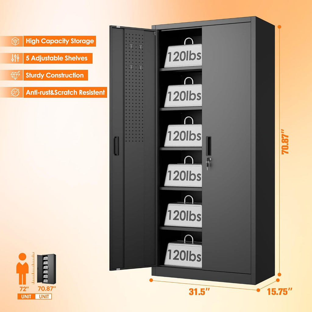 Aobabo 71' H×32' W×16' D Metal Storage Cabinet with 5 Adjustable Shelves, Locking Garage Storage Cabinet with Pegboards and 4 Hooks for Garage, Office, Black, Assembly Required