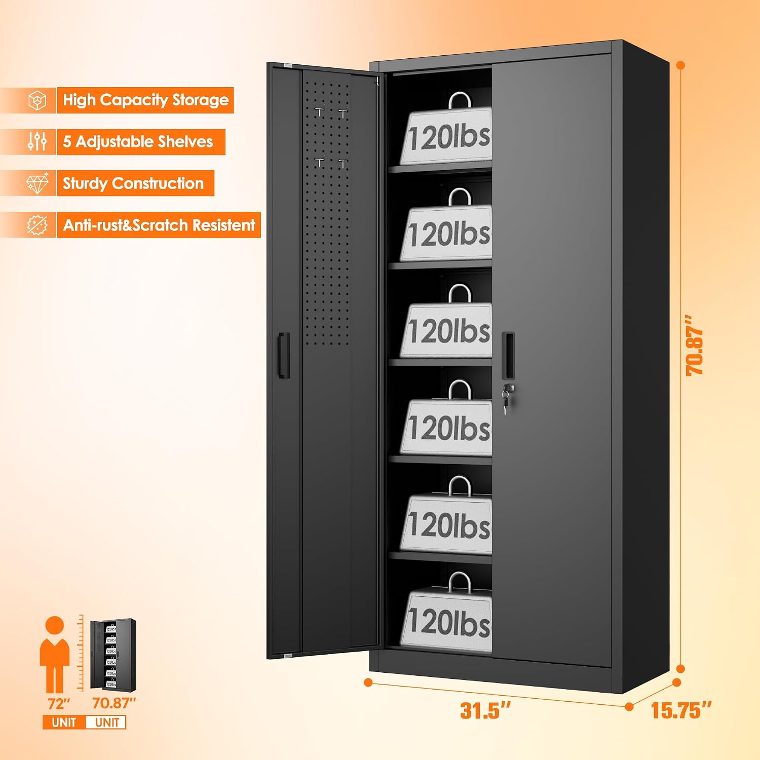 Aobabo 71' H×32' W×16' D Metal Storage Cabinet with 5 Adjustable Shelves, Locking Garage Storage Cabinet with Pegboards and 4 Hooks for Garage, Office, Black, Assembly Required