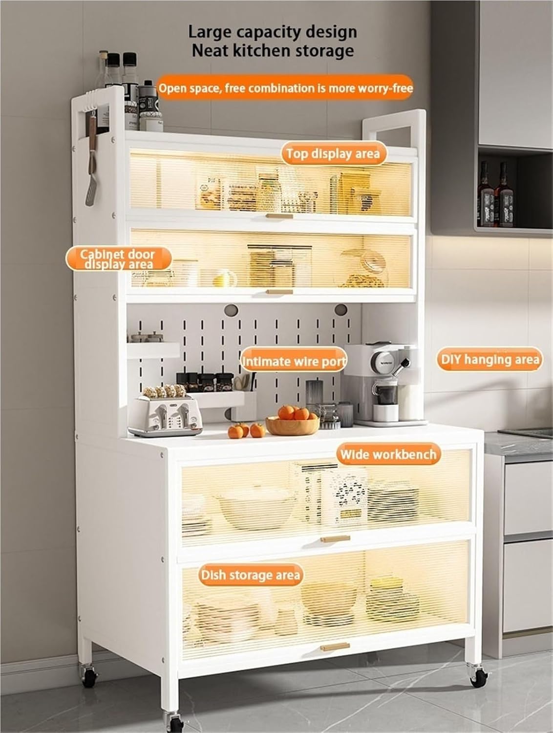 Kitchen Pantry Storage Cabinet Shelf Microwave 6-Tier Stand with Storage with Flip Door and Wheels Metal Sideboard Baker's Rack Coffee Pub for Spices Pots Pans ﻿(Black,100cm)