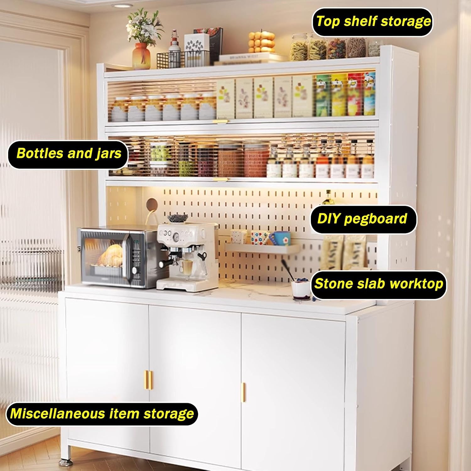 JKGHK Kitchen Storage Sideboard Cabinet, Tall Bakers Rack Countertop with Stone Slab Countertop, Standing Pantry with Pegboard and Adjustable Shelves for Home Coffee Bar(Gray,24x72in)