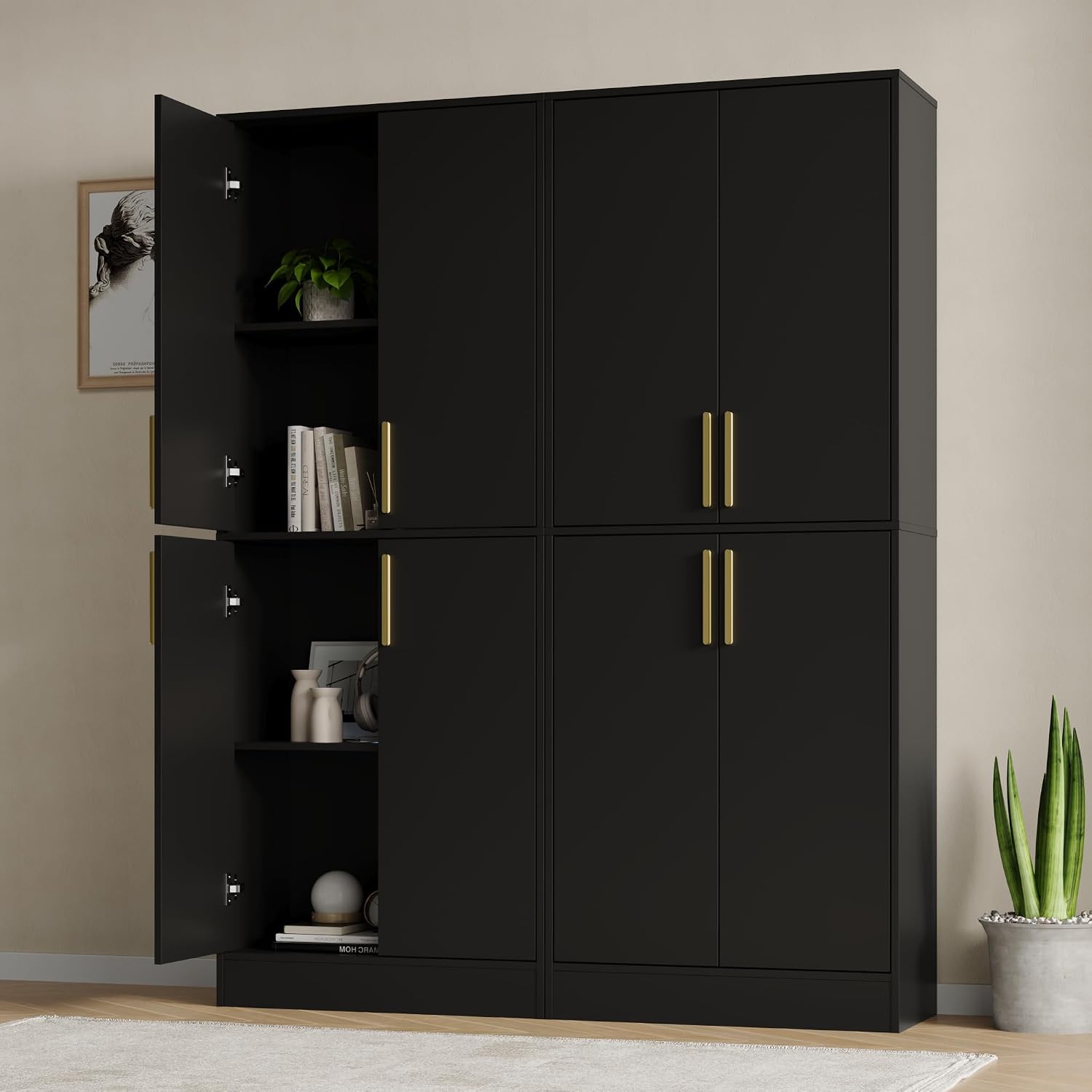 Housoul 71' Tall Pantry Cabinet, 4 Doors Kitchen Pantry Storage Cabinet, Freestanding Larder Cupboard, Kitchen Hutch with Gold Handles for Dining Room, Bathroom, Black