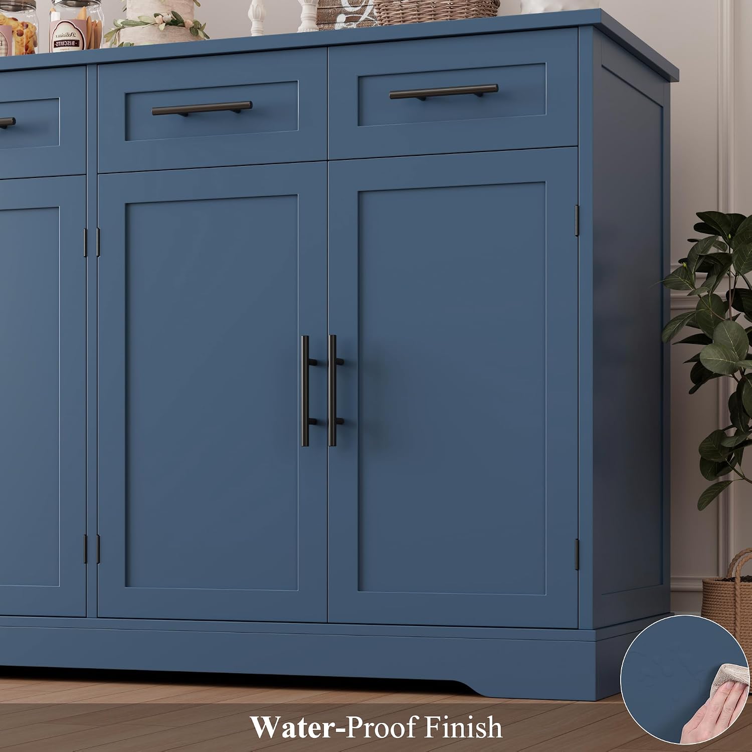 HOSTACK 60' Large Buffet Sideboard with Storage, 36' Tall Kitchen Buffet Storage Cabinet with 4 Drawers, Modern Coffee Bar Cabinet with Black Handles, Long Sideboard Buffet Table for Kichen, Blue