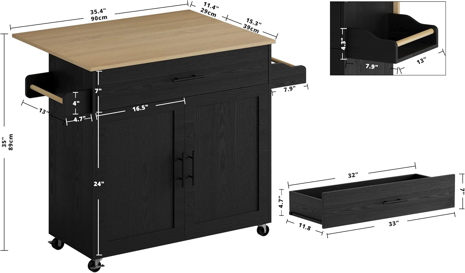 IRONCK Rolling Kitchen Island Table on Wheels with Drop Leaf, Storage Cabinet, Drawer, Spice/Towel Rack, Kitchen Cart, 47.25' Wide Black