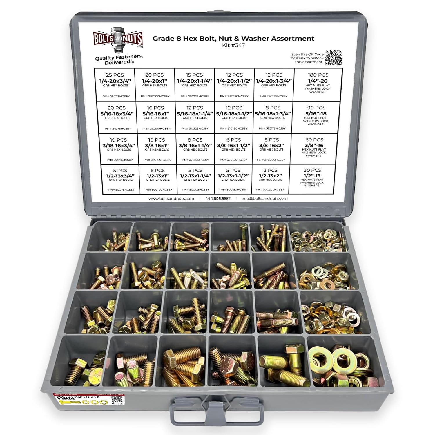 Inch Grade 8 Hex Cap Screws, Hex Nuts, Flat & Lock Washers - 574 PCS