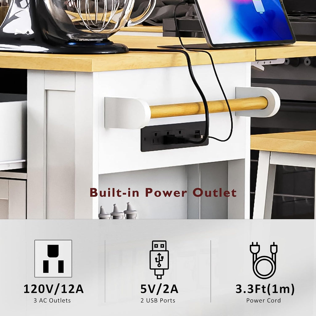 48 Inch Rolling Kitchen Island Storage Cart on 5 Wheels with Drop Leaf, Power Outlet, Door Internal Storage Rack, 5 Open Side Racks, 2 Drawers for Dining Room, Home Bar, White