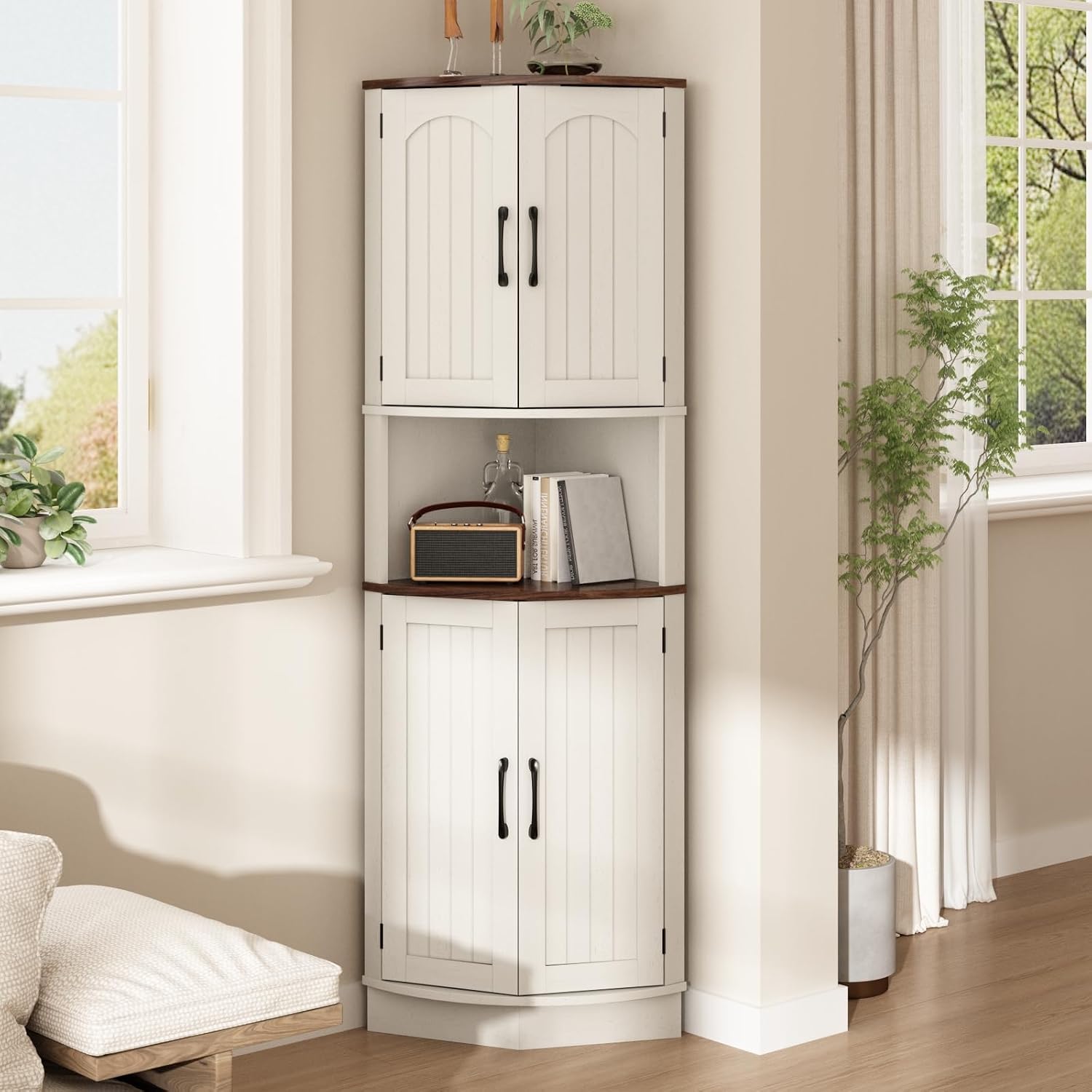 HOKYHOKY Tall Corner Cabinet, 64.7' Corner Storage Cabinet with 4 Doors and 5 Storage Shelves, Farmhouse Space Saver with Arched Door Design for Living Room, Kitchen, Bathroom, Office