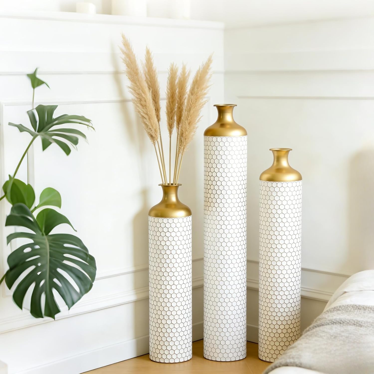Modern White Droplet Floor Vase Set of 3 - Large Glazed Metal Floor Vases for Home Decor, Living Room & Entryway Decorations (White - 33.4'/ 28.7'/ 24.4' Height)