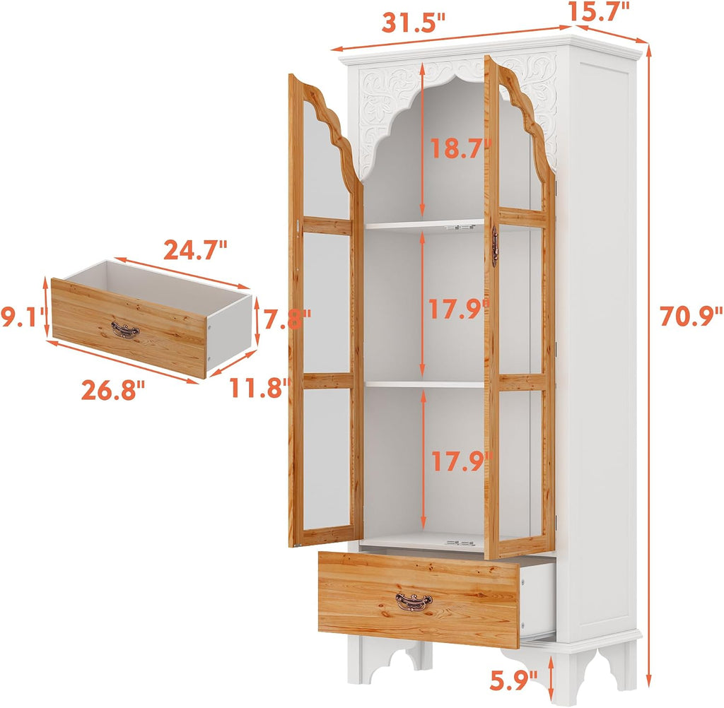 FUFU&GAGA 70.9' Tall Kitchen Pantry with Glass Doors & Drawer, Vintage Display Storage Cabinet with 3 Shelves, Buffet Cupboard for Kitchen, Living Room, Brown and White, 15.7'D x 31.5'W x 70.9'H