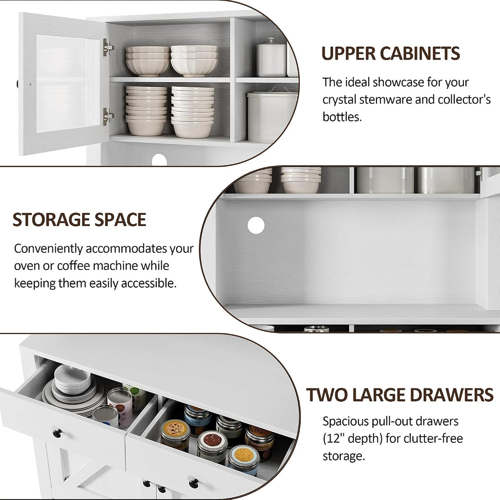 IDEALHOUSE 63' Kitchen Pantry Cabinet with Drawers, Hutch Cabinet with Storage, Microwave Stand, Adjustable Shelves, Freestanding Tall Pantry Storage for Dining Room, Living Room, White