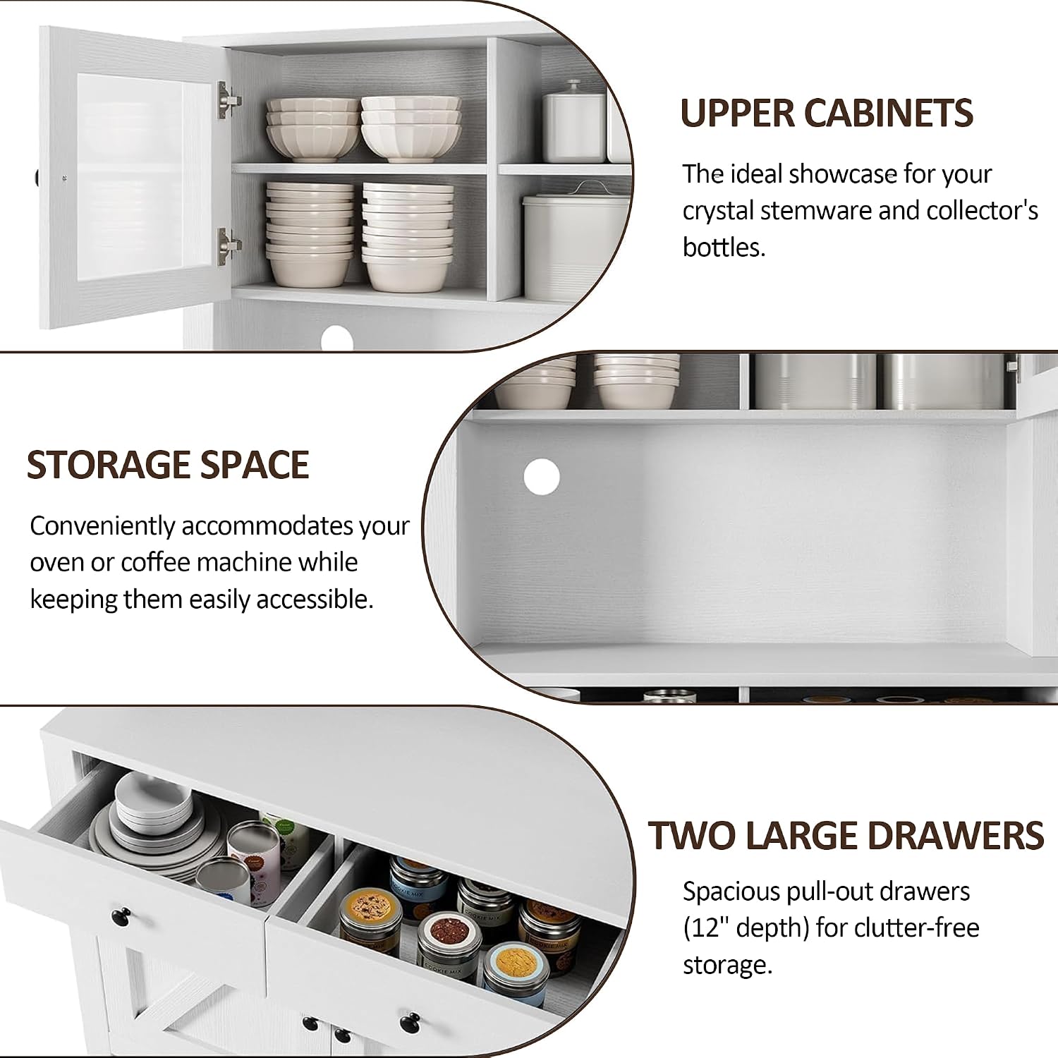 IDEALHOUSE 63' Kitchen Pantry Cabinet with Drawers, Hutch Cabinet with Storage, Microwave Stand, Adjustable Shelves, Freestanding Tall Pantry Storage for Dining Room, Living Room, White