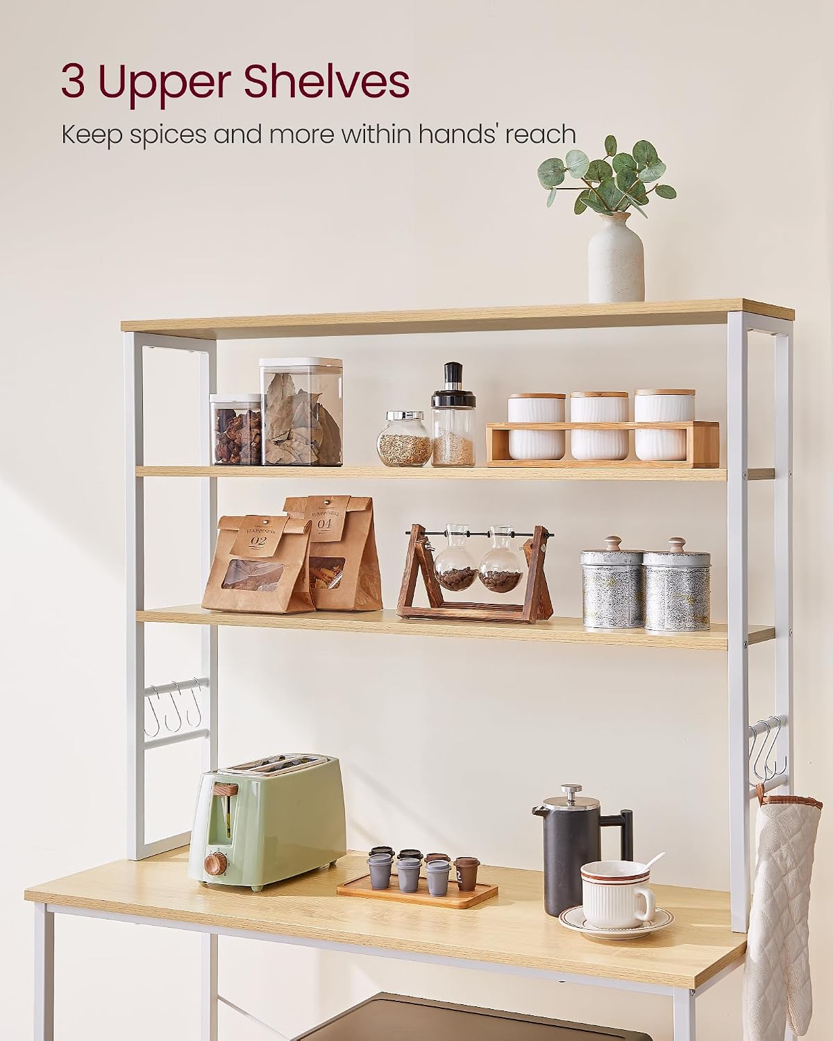 VASAGLE Coffee Bar, 39.4 Inches Baker's Rack for Kitchen with Storage, 6-Tier Kitchen Shelves with 6 Hooks, Microwave Stand, Modern, Golden Oak and Cloud White UKKS039Y09