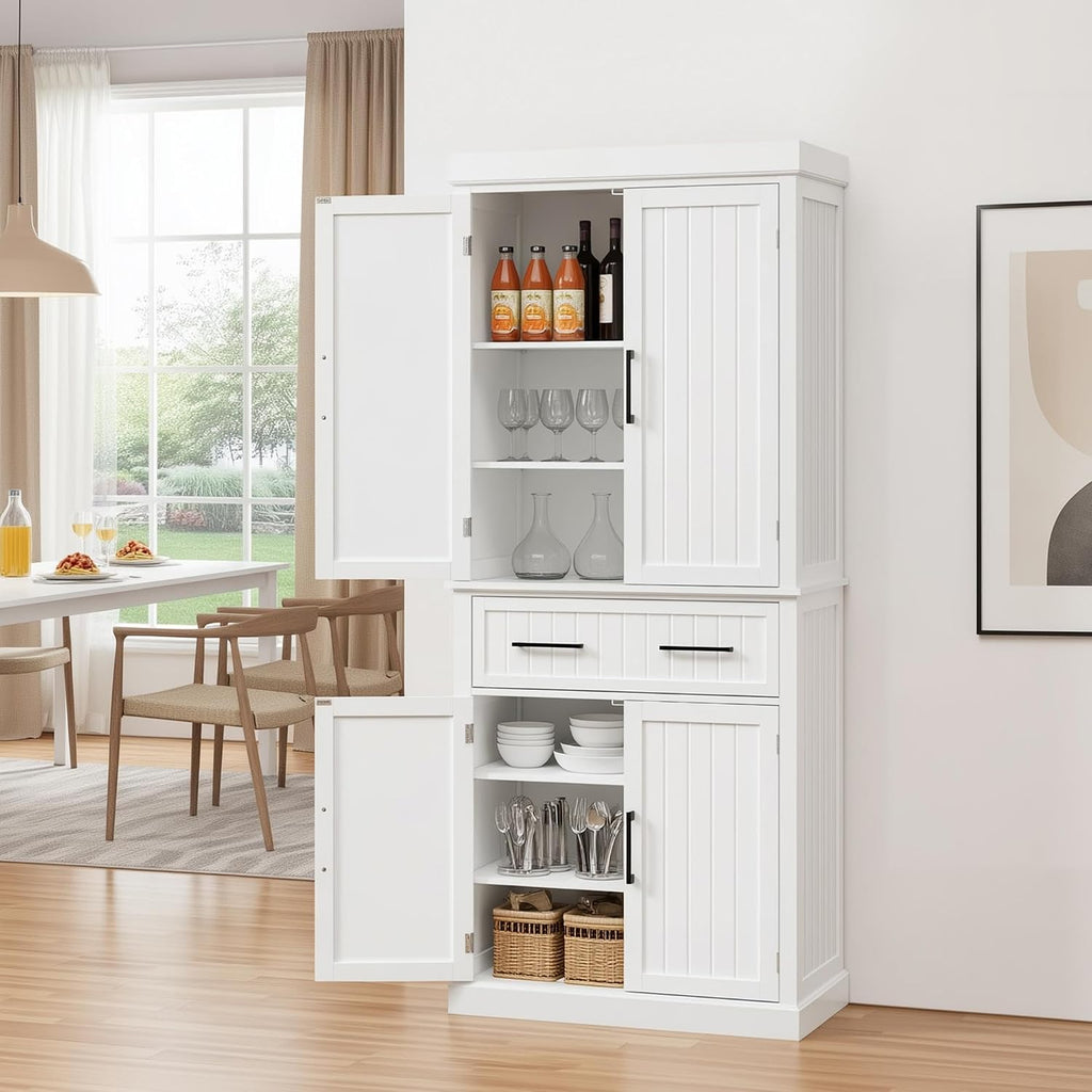 Yaheetech Kitchen Pantry Storage Cabinet with 4 Doors and 2 Adjustable Shelves, 72.5' Freestanding Tall Cupboard Cabinet with Drawer for Dining/Living Room, White