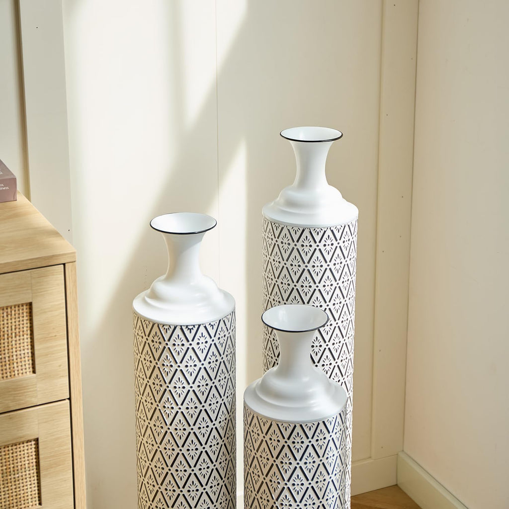 Set of 3 Gorgeous White Metal Vases - Unique Floor Decoration, Large Glazed Metal Vases at 24in, 28.7in, 33.5in for Modern Black & White Home Designs