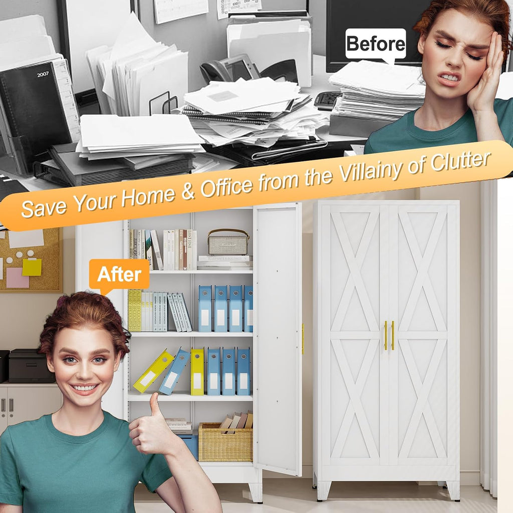 61' H Metal Kitchen Pantry Storage Cabinet, Freestanding Cupboard with 2 Doors and 3 Adjustable Shelves, Standing Storage for Kitchen, Bathroom, Garage, Dinning Room or Utility Room（White）