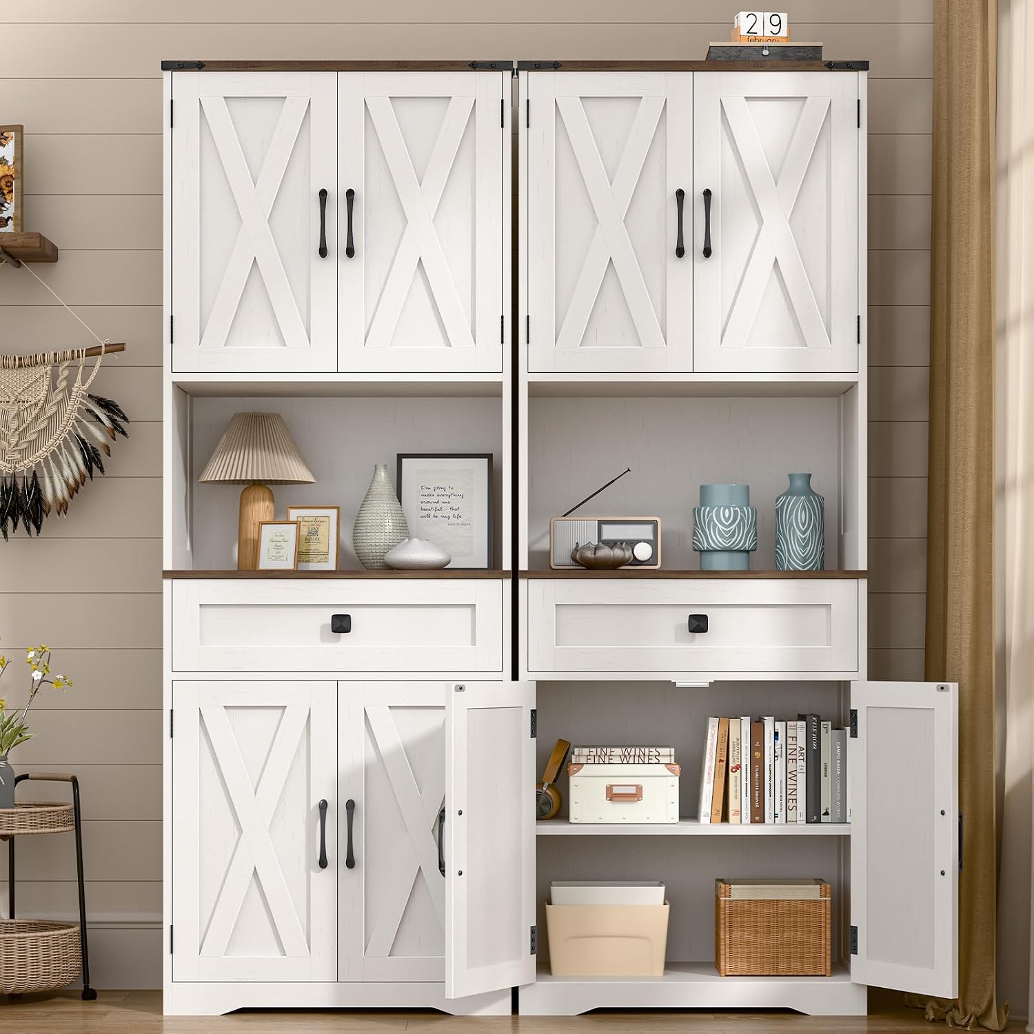 Halitaa Tall Kitchen Pantry Storage Cabinet, Farmhouse Storage with Organizer, Large Capacity Bathroom Cabinet with Drawer,Freestanding Cupboard for Kitchen, Dining Room, White