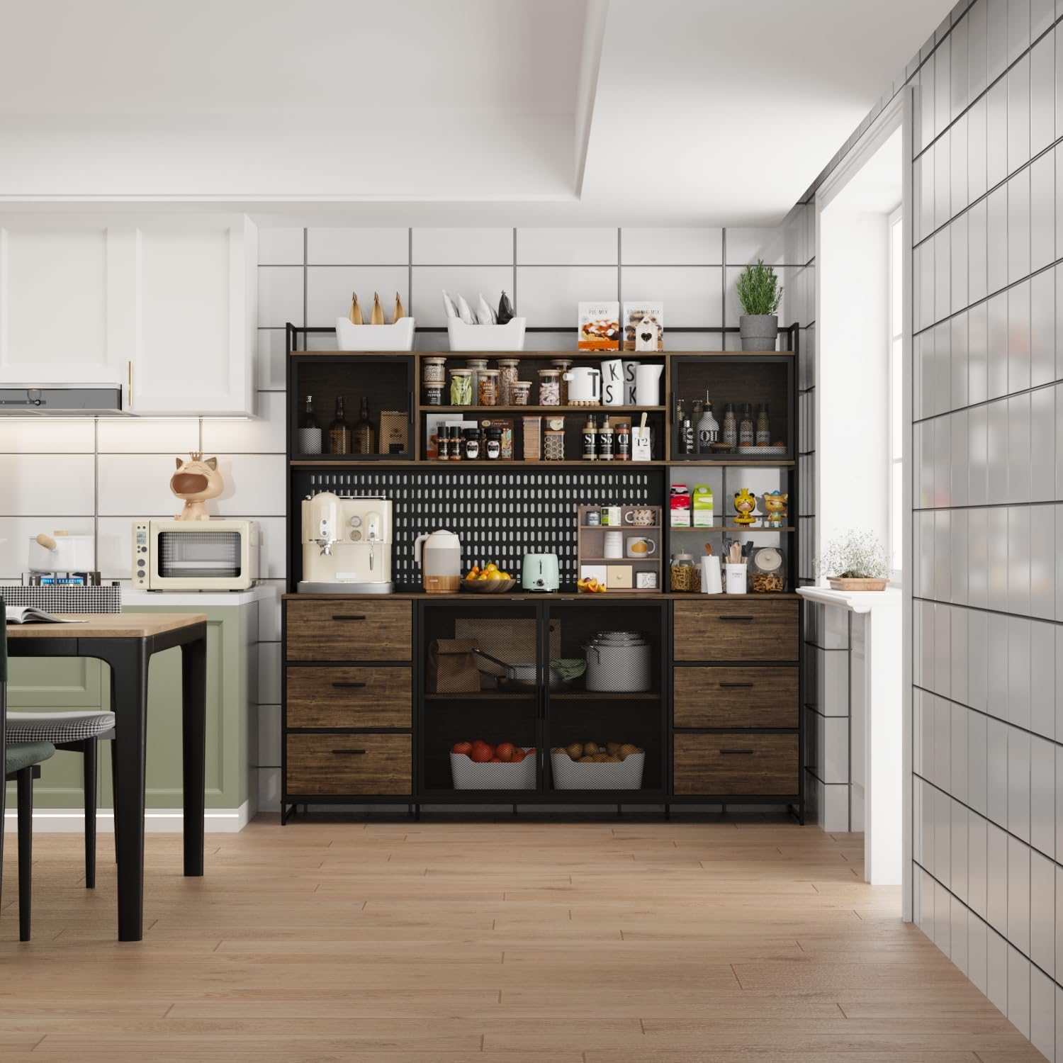 ECACAD 70.9' L Sideboard Buffet Storage Cabinet with Hutch, Pegboard, 4 Metal Mesh Doors, 6 Drawers & Shelves, Kitchen Pantry Cupboard for Living Room, Dining Room, Black & Rustic Brown