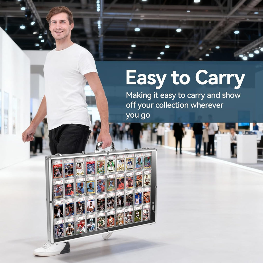 Trade Show Display Case, Aluminum and Acrylic Card Case with Lockable Hanger, Large Table Top Display Case for Sports Baseball PSA Graded MTG Cards, Collectibles, and Jewelry