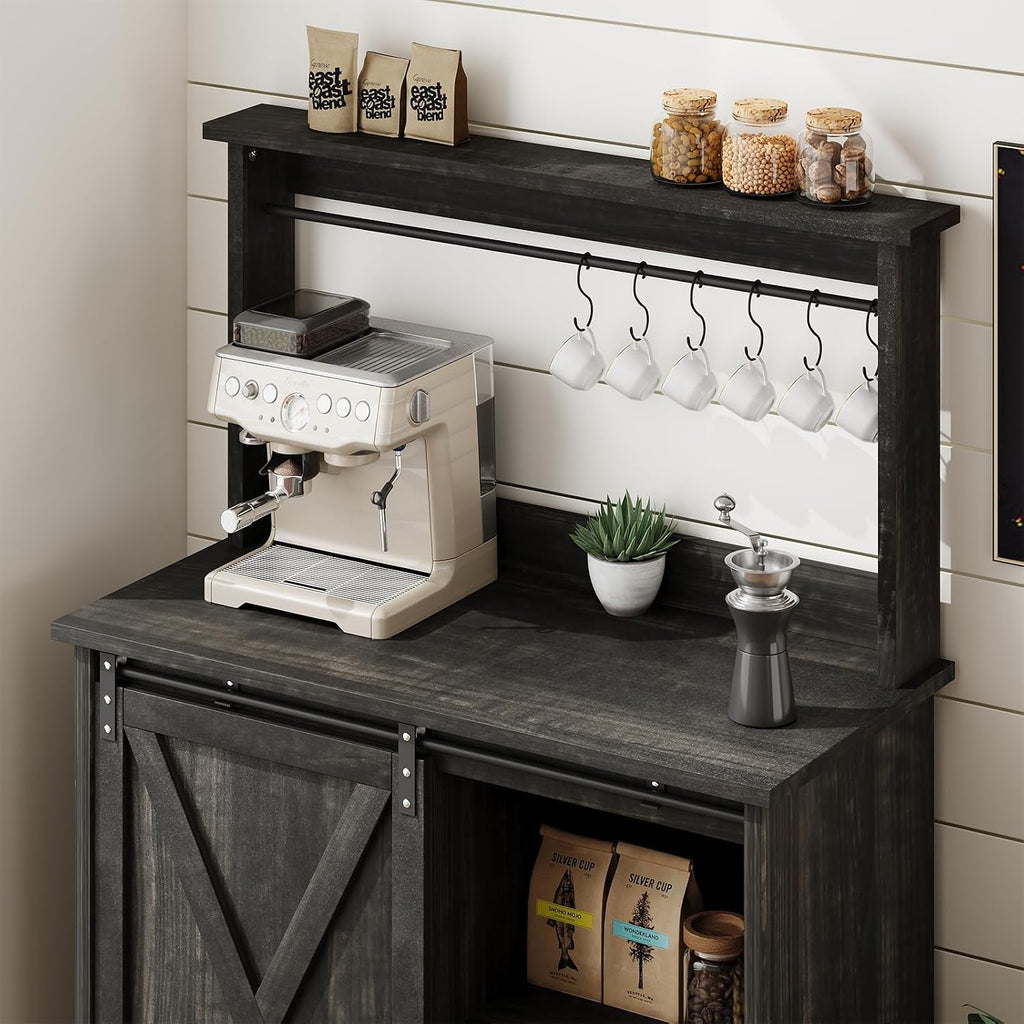 4ever2buy Farmhouse Coffee Bar Cabinet with Hutch, 31 Inch Coffee Bar Hutch with Sliding Barn Door & 6 Hooks for Living Dining Room, Dark Oak | Sliding Barn Door