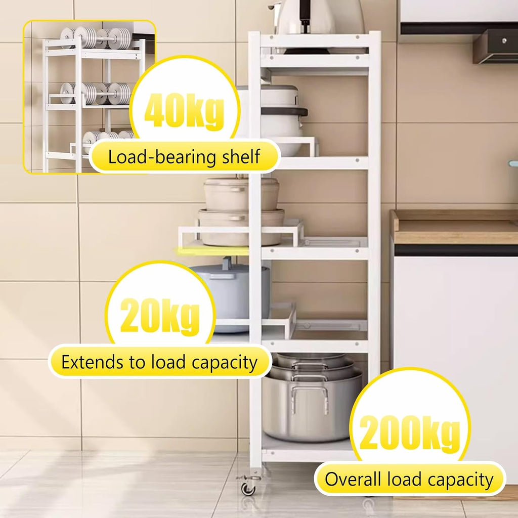 Kitchen Shelving Unit Adjustable Heigh, 5-Tier Food Corner Bakers Rack with Wheels, for Restaurant Laundry Bathroom Garage Warehouse