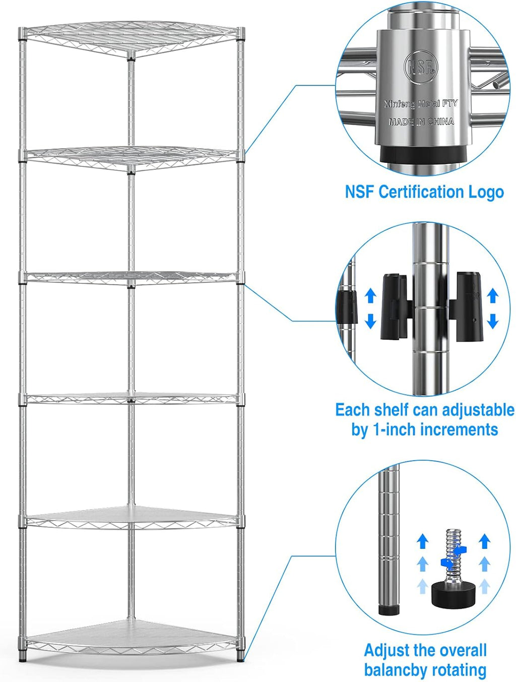 6 Tier NSF Corner Wire Shelf Shelving Unit, 18 x 18 x 72 Inch 420lbs Capacity Heavy Duty Adjustable Metal Storage Rack with Leveling Feet & Shelf Liners for Office Kitchen Bathroom and More - Chrome