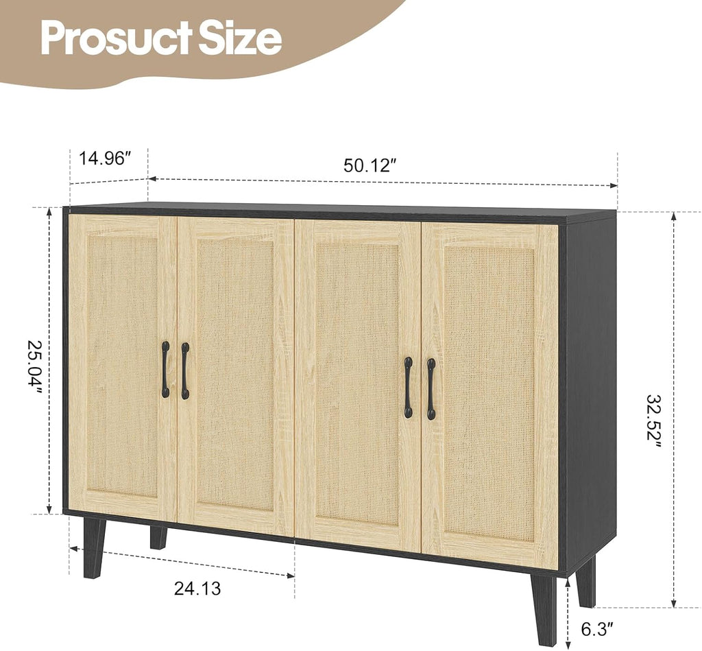 Panana Buffet Storage Cabinet with Rattan Decorating 4 Doors Living Room Kitchen Sideboard 48.43 x 34.65 x 15 inch (Black)