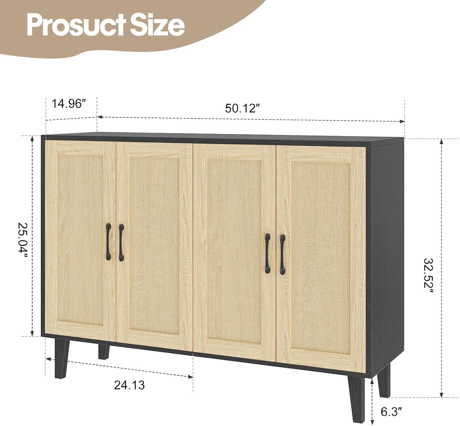 Panana Buffet Storage Cabinet with Rattan Decorating 4 Doors Living Room Kitchen Sideboard 48.43 x 34.65 x 15 inch (Black)