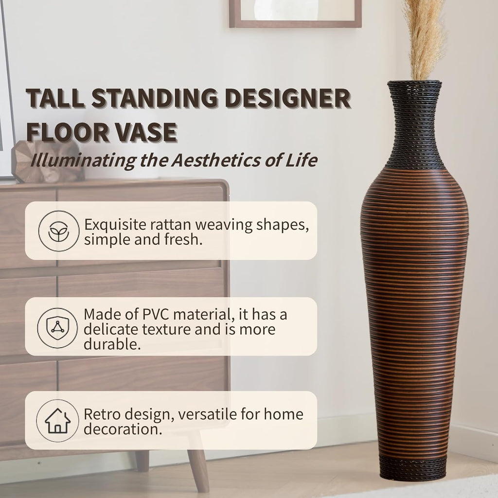 39-Inch Tall Vintage Floor Vase - Premium PVC Rattan Weave, Large Brown Standing Vase, Flower Holder for Home Decor (47 - Dark Brown)