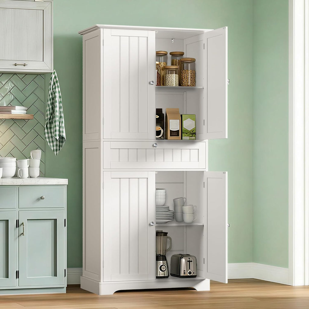 ChooChoo 72' H Tall Bathroom Floor Cabinet, Modern Bathroom Storage Cabinet with Drawer and Adjustable Shelves, Freestanding Kitchen Pantry Cupboard with 4 Doors for Living Room, White