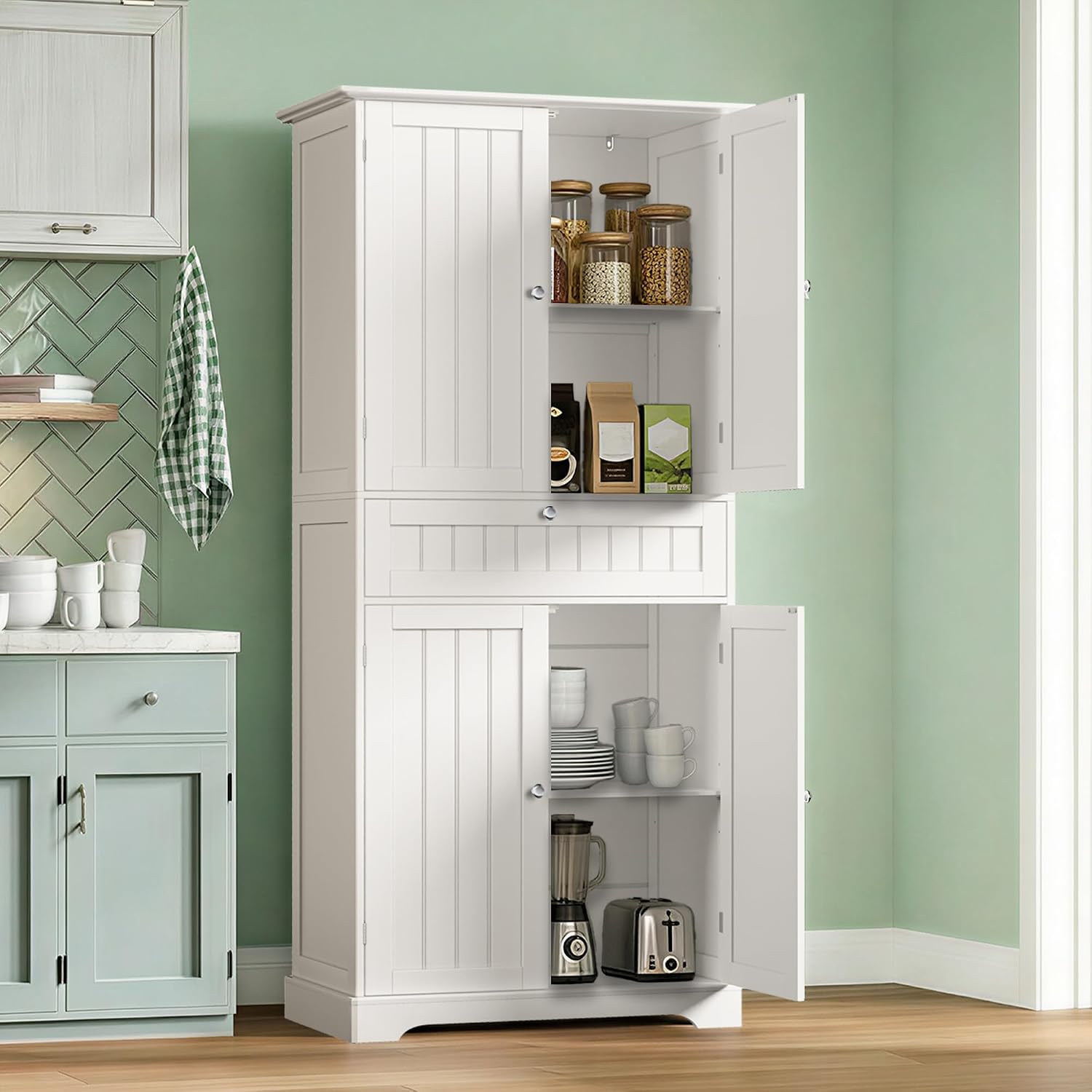 ChooChoo 72' H Tall Bathroom Floor Cabinet, Modern Bathroom Storage Cabinet with Drawer and Adjustable Shelves, Freestanding Kitchen Pantry Cupboard with 4 Doors for Living Room, White