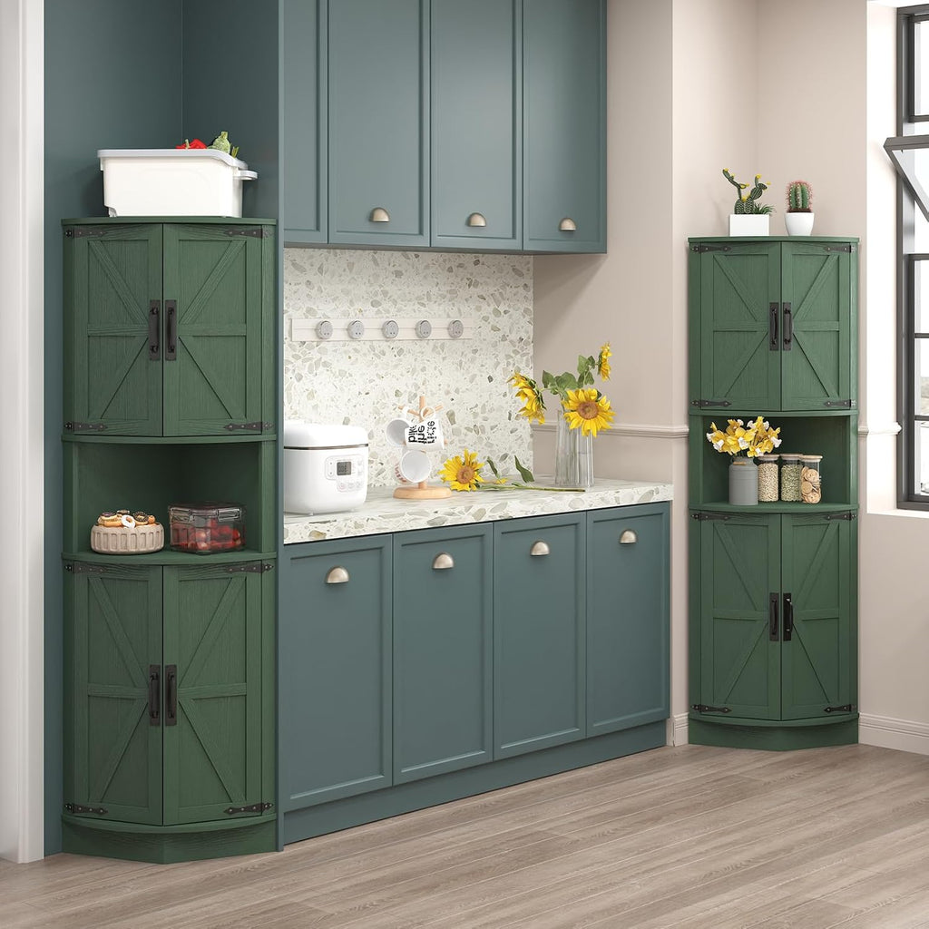 Vabches 64.8' Tall Farmhouse Corner Cabinet with 4 Doors and 5 Storage Shelves, Farmhouse Storage Cabinet with Barn Door Design, Home Space Saver for Living Room, Kitchen, Laundry Room,Green