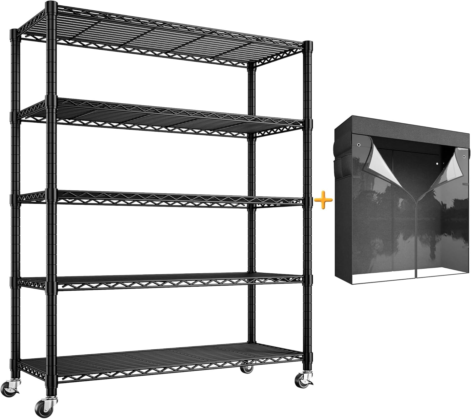 REIBII 72.8' H Storage Shelves with Cover & Wheels, Wire Shelving Heavy Duty Metal Shelving for Pantry Kitchen Garage, Storage Rack Shelf Shelving for Commercial Industrail, 35' W*16' D*72.8' H