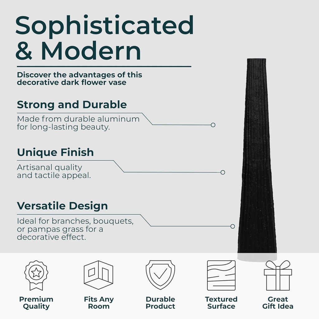Aluminum Decorative Vase – Floor Flower Holder for Tall Arrangements, Entryway or Living Room Placement, Home Decor with Ribbed Modern Vase Design for Sculptural Impact – 48', Black