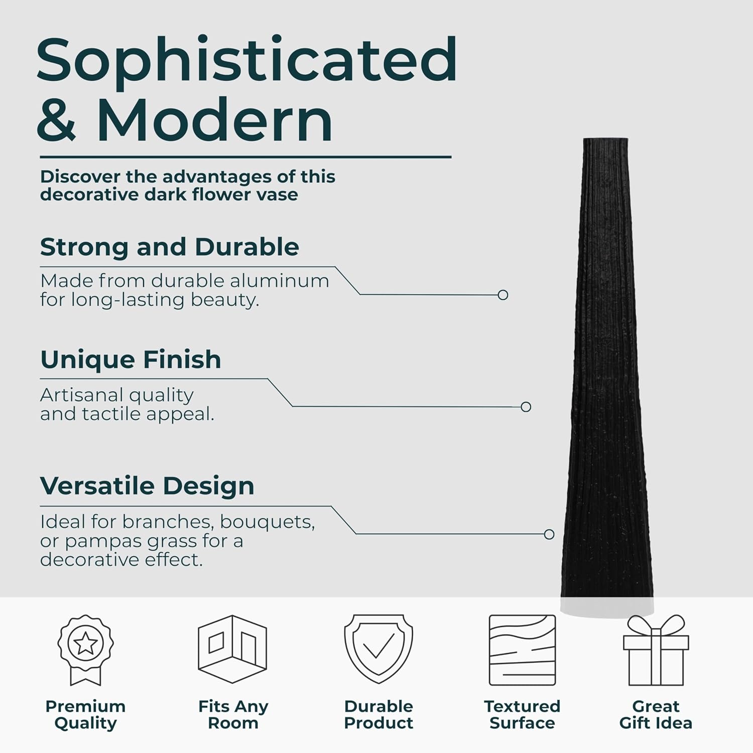 Aluminum Decorative Vase – Floor Flower Holder for Tall Arrangements, Entryway or Living Room Placement, Home Decor with Ribbed Modern Vase Design for Sculptural Impact – 48', Black
