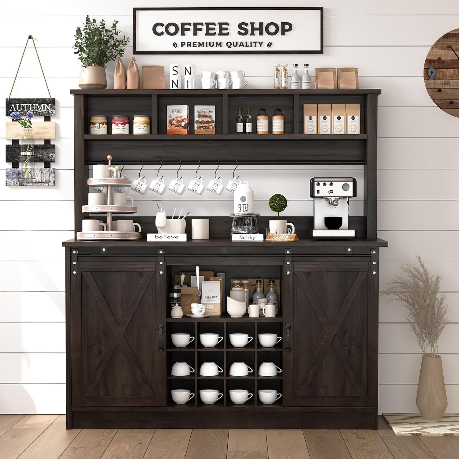 4ever2buy Farmhouse Coffee Bar Cabinet with Storage Hutch, 55' Wine Bar with 12 Wine Racks and 8 Hooks, Coffee Station with 4 Open Shelves and Sliding Barn Doors for Kitchen, Dining Room, Dark Oak