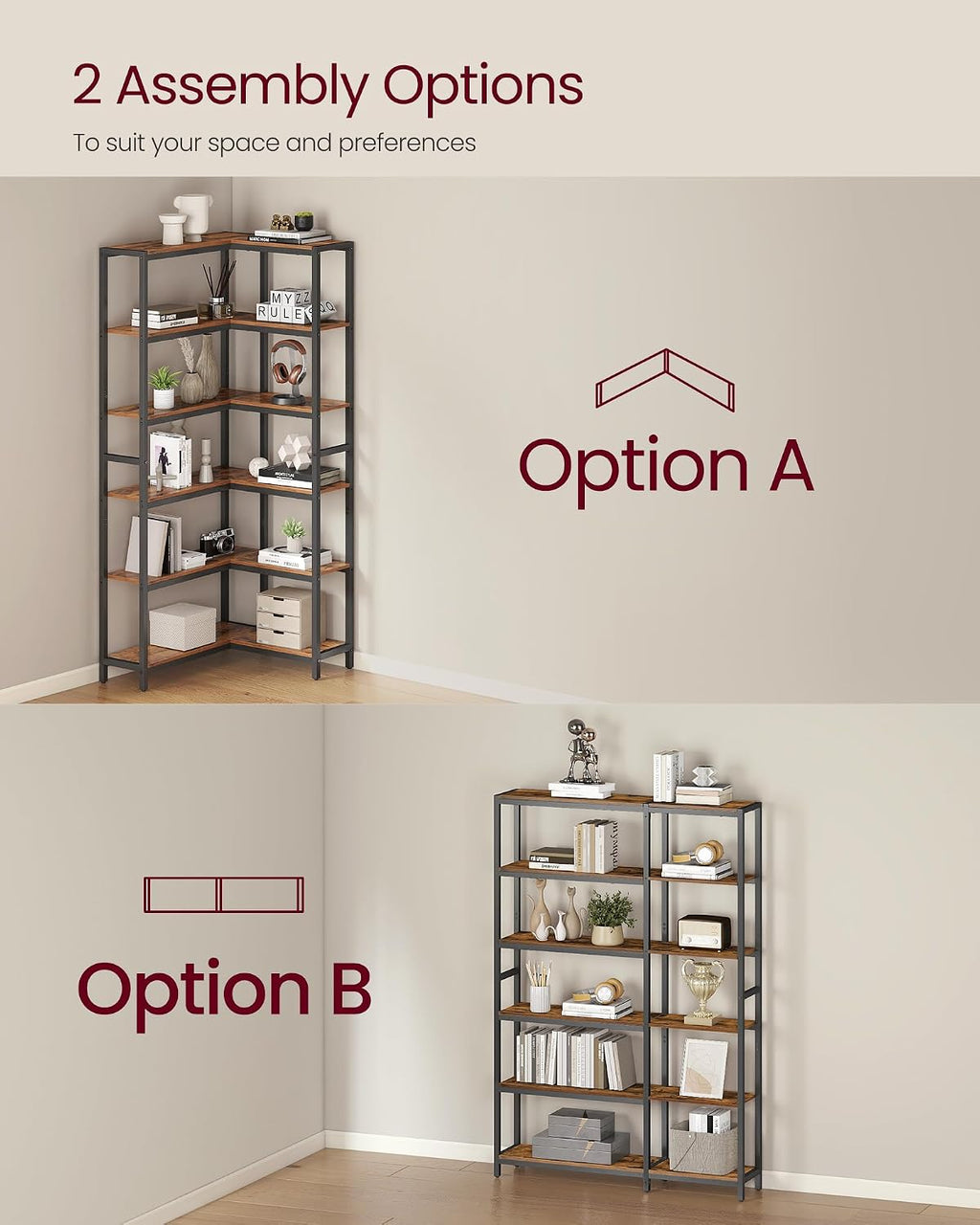 VASAGLE 6 Tier Bookshelf with Metal Frame, Convertible Industrial Corner Shelf, 9.4 x 40.2 x 69 Inches, for Living Room, Bedroom, Home Office, Rustic Brown and Ink Black ULLS606K01