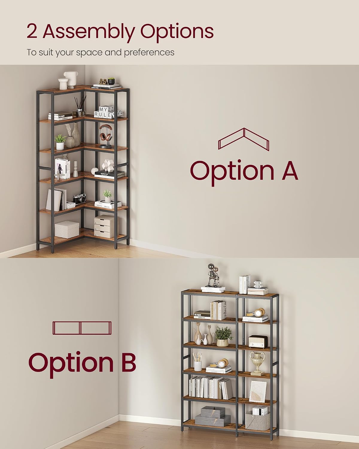 VASAGLE 6 Tier Bookshelf with Metal Frame, Convertible Industrial Corner Shelf, 9.4 x 40.2 x 69 Inches, for Living Room, Bedroom, Home Office, Rustic Brown and Ink Black ULLS606K01