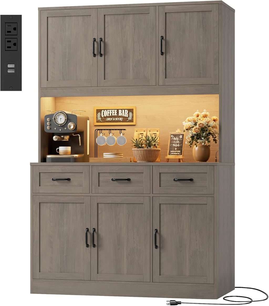 HOSTACK 72' Tall Kitchen Pantry Cabinet with Charing Station | LED Lights, 47' W Kitchen Pantry Storage Cabinet with Countertop, Modern Kitchens Hutch Cabinets with Storage for Dining Room, Ash Gray