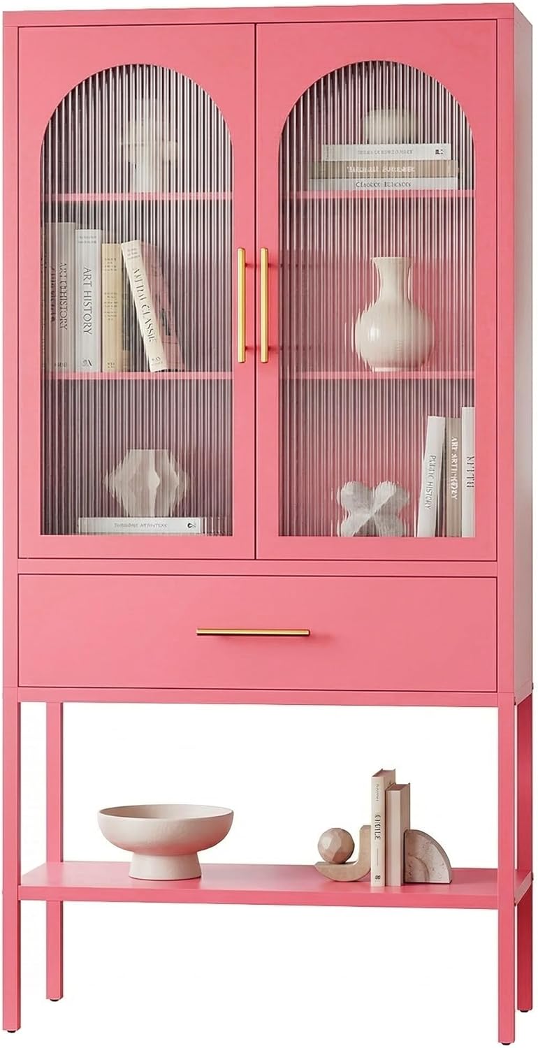 ALBAD 63 Inch Tall Metal Pantry/Display/Storage Cabinet with Fluted Glass Doors and Drawer & Adjustable Shelf for Modern Home Office Living Room Kitchen Pink