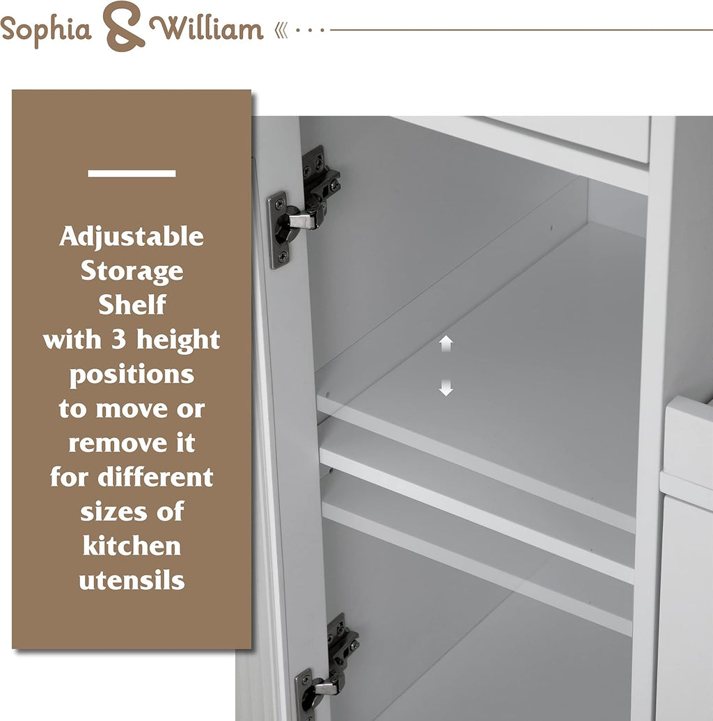 Sophia & William Kitchen Island Cart on Wheels with Extendable Tray, Adjustable Shelf and Glass Door, Mobile Kitchen Storage Islands Rolling Kitchen Trolley with Cabinets, Drawer and Towel Rack, White