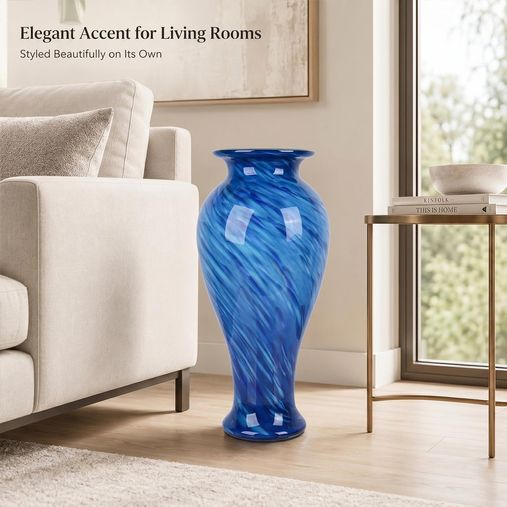 20' Tall Blue Glass Vase Hand Blown Large Floor Glass Vase Home Decor, Pretty Modern Dark Blue Flowers Vases, Jarrones Grandes para Sala Elegantes, Large Vases for Living Room Wedding Decor