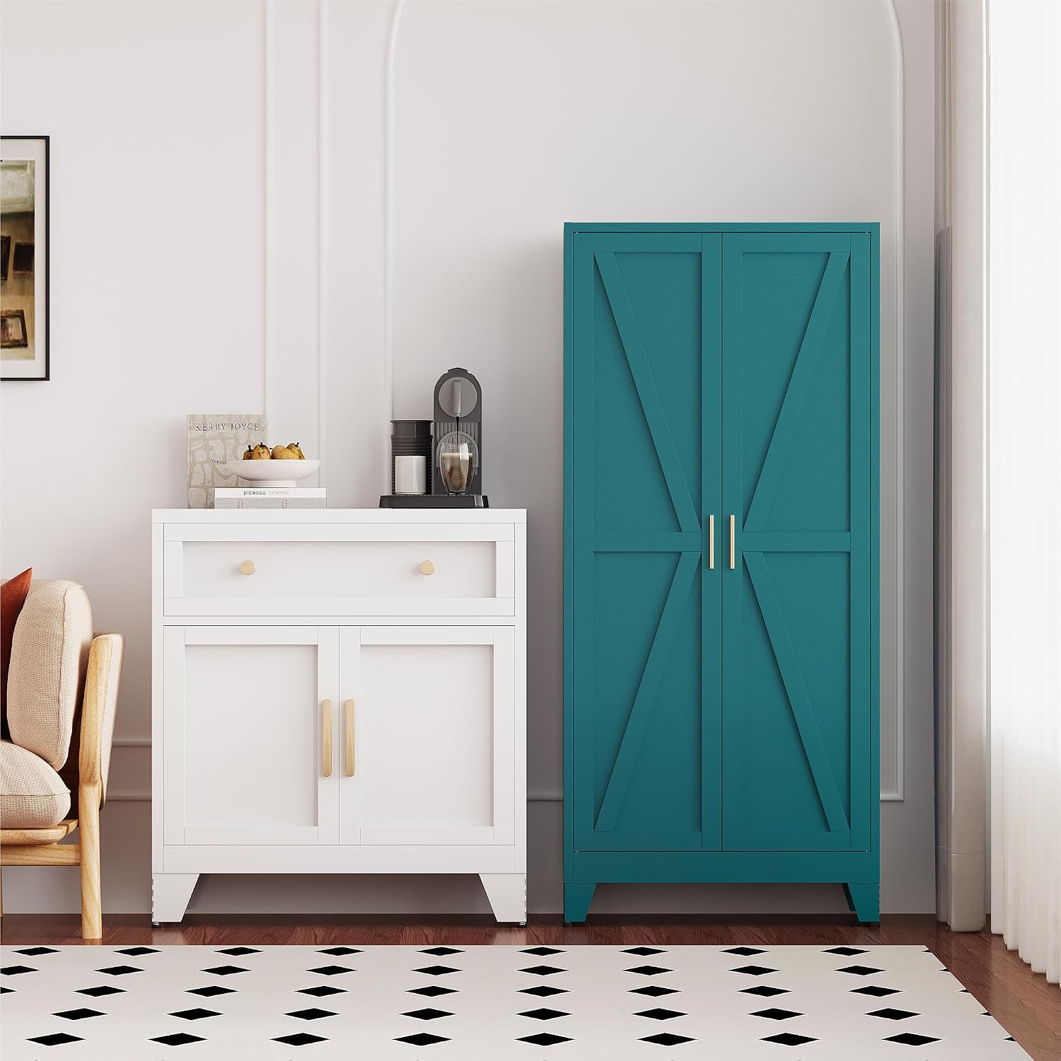 QINPTWUT 61' Metal Storage Cabinet, 4-Tier Kitchen Pantry with 3 Adjustable Shelves, Farmhouse Design Freestanding Cupboard for Kitchen, Bathroom, Laundry, Garage, Blue