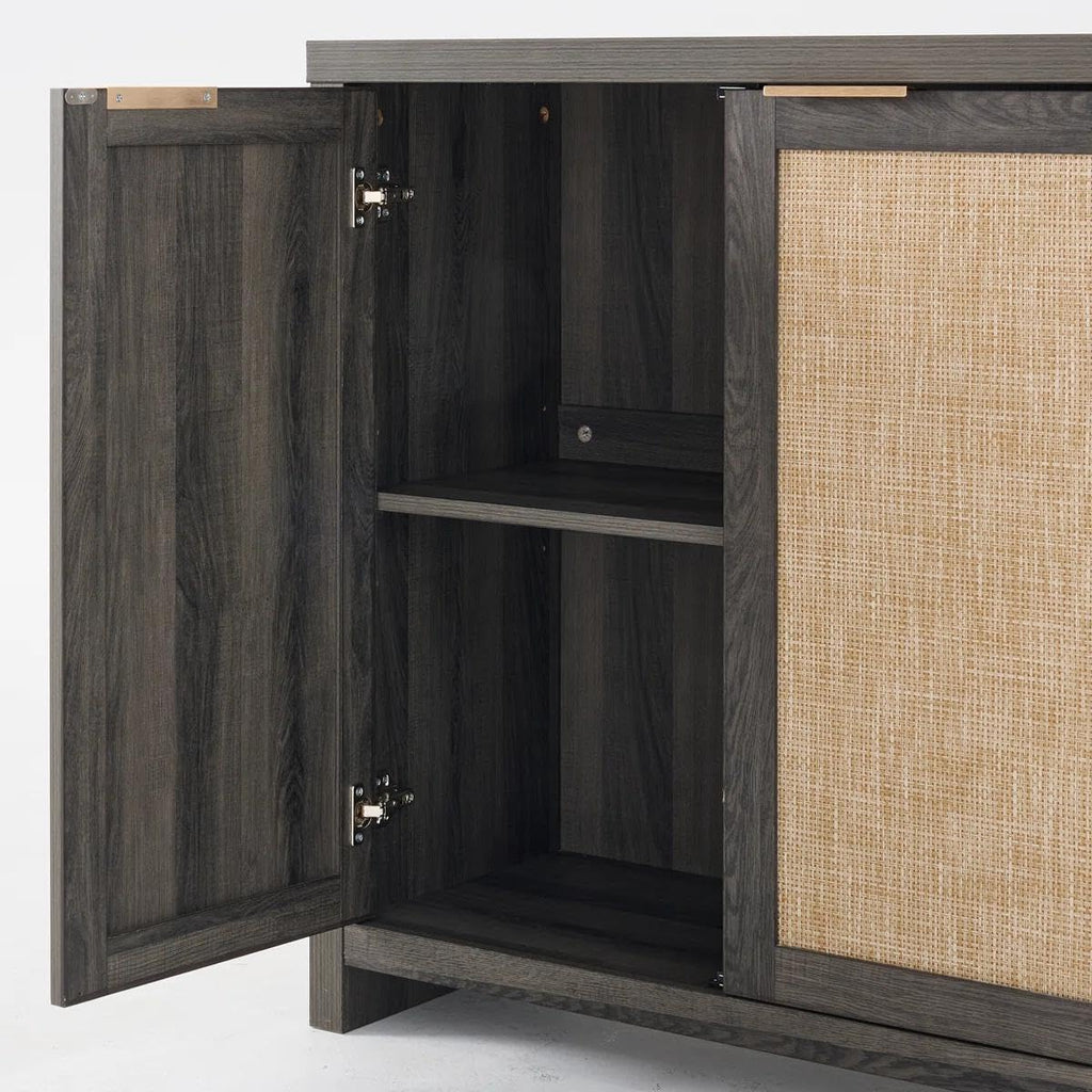 OAKHAM HOME Rattan Sideboard Cabinet with Storage, Buffet Cabinet with 2 Soft-Close Doors, Adjustable Shelves and 110 lbs Top, Storage Cabinet for Living Room, Kitchen, Entryway, Black Oak
