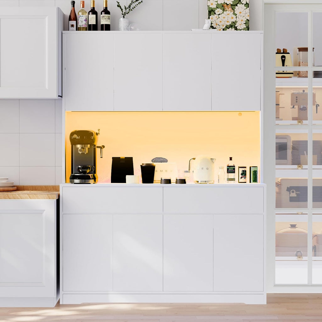 71' Tall 47' Wide Large Kitchen Pantry Storage Cabinet w/ Power Outlet,Led Light, Kitchen Hutch Pantry Cabinet w/ 2 Drawer and 8 Doors,Modern Freestanding Buffet Cabinets for Kitchens,Dining Room