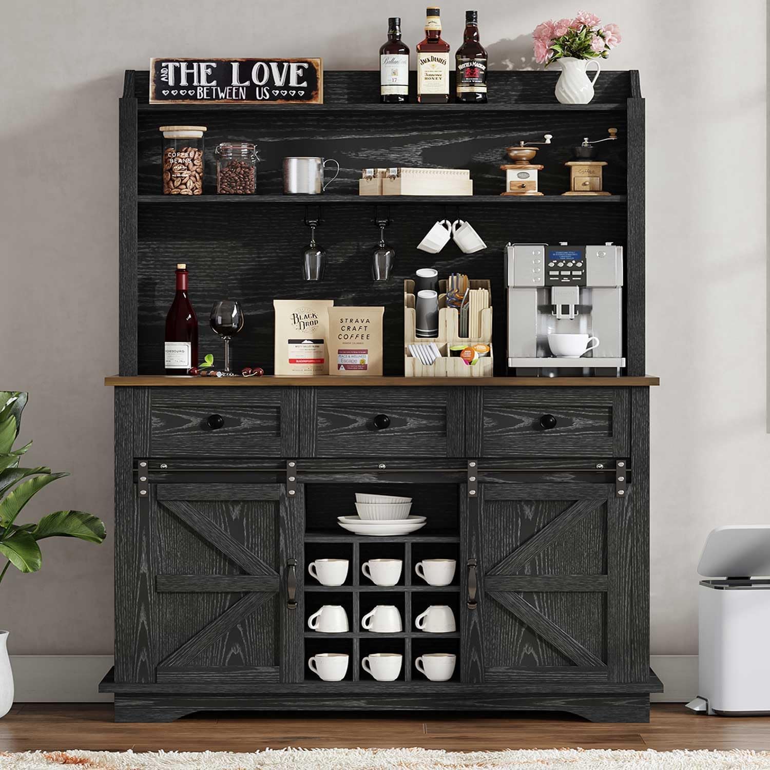 REVOMINCA 63 Inch Tall Coffee Bar Cabinet with 3-Tier, Kitchen Hutch with 3 Large Drawers, Farmhouse Coffee Bar with 9 Wine Racks & 3 Glass Holders, Wine Storage Cabinet for Living Dining Room, Black