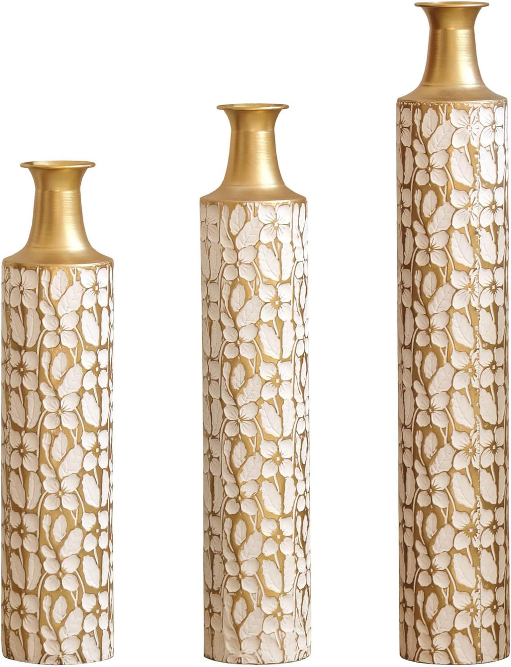 Tall Floor Vase - 3 Sizes (24/28/32 Inch) Gold & White Floral Pattern Decorative Vase for Home Living Room Bedroom Decor, Ideal Mother's Day Present for Mom