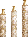 Tall Floor Vase - 3 Sizes (24/28/32 Inch) Gold & White Floral Pattern Decorative Vase for Home Living Room Bedroom Decor, Ideal Mother's Day Present for Mom