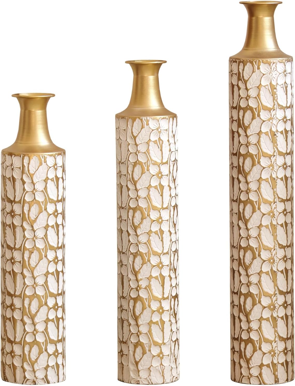 Floor Vases Decorative Tall - 24/28/32.3in Metal Extra Large Decorative Vase Set of 3, White & Gold Tall Floor Vase for Home Decor, Living Room Entryway Decor Dining Bedroom Home Corner Indoor Office