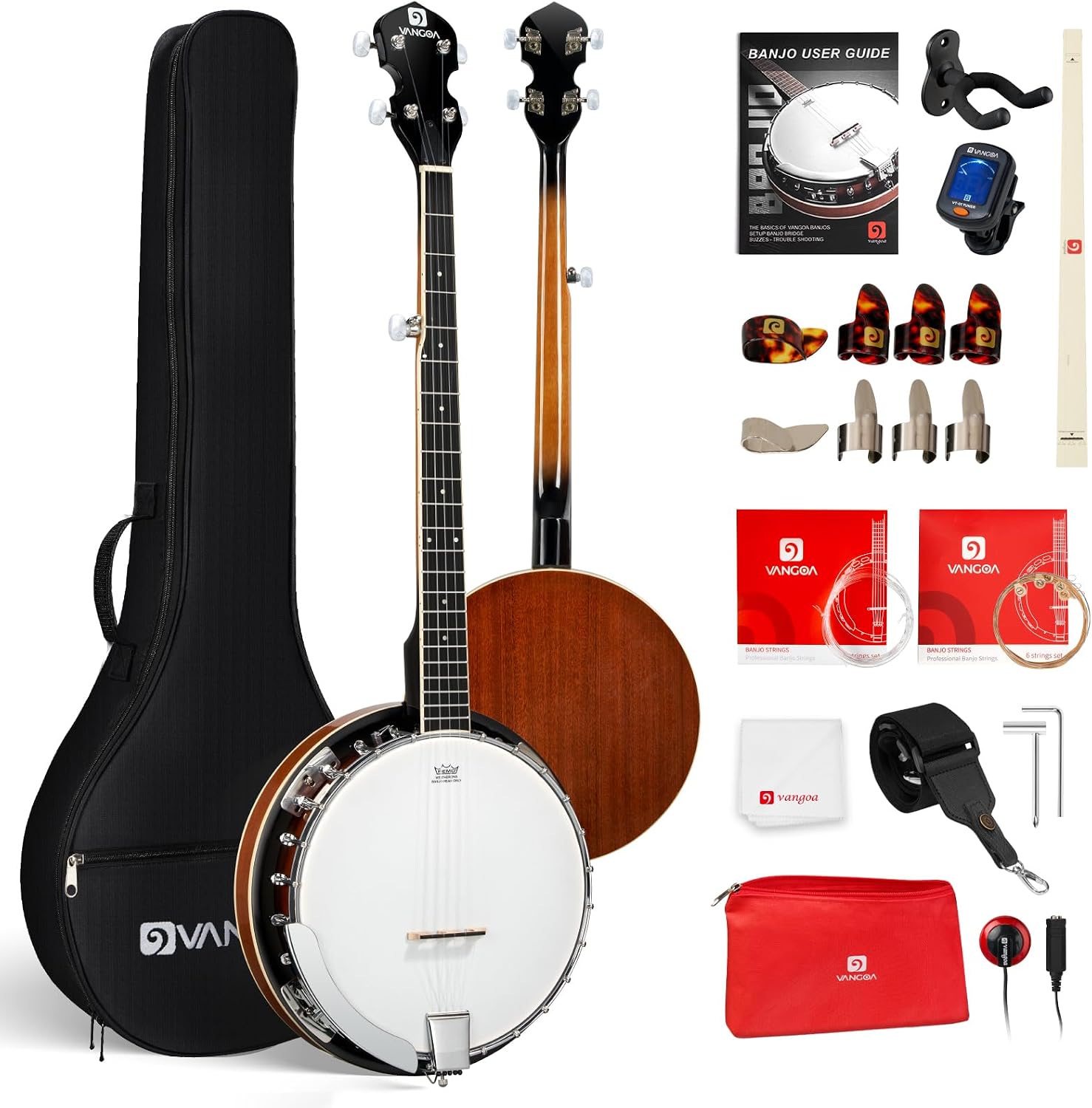 Vangoa NYLON Banjo 5 String Kit, 38 Inch Full Size Banjo with Nylon Strings with Gig Bag, Premium Accessories Outfit, Starter Kit for Beginners Adults Teens, Brown