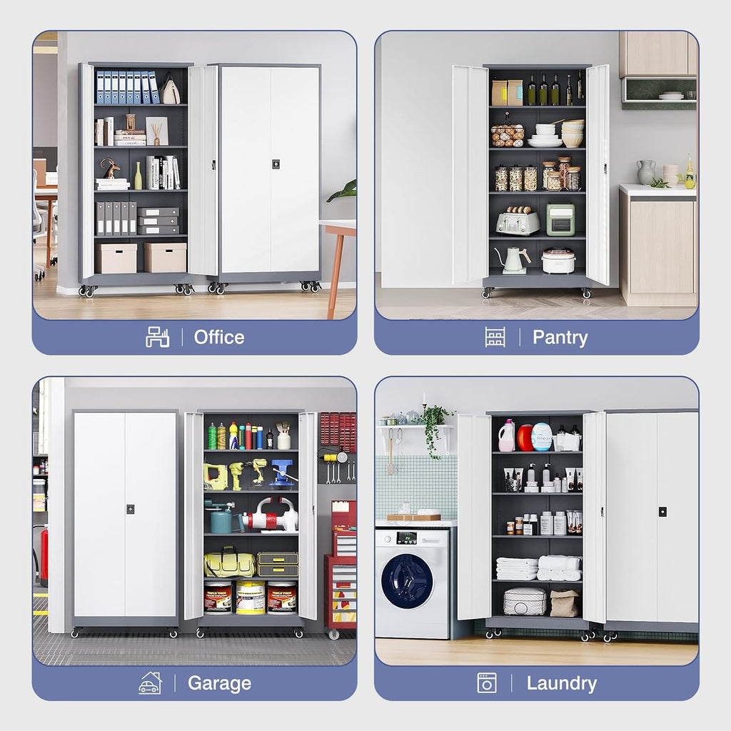Metal Storage Cabinet with Wheels, Tall Garage Storage Cabinet with 4 Adjustable Shelves and 2 Doors, Lockable Tool Cabinet for Garage Home Office,Gym,School (White-Gray)
